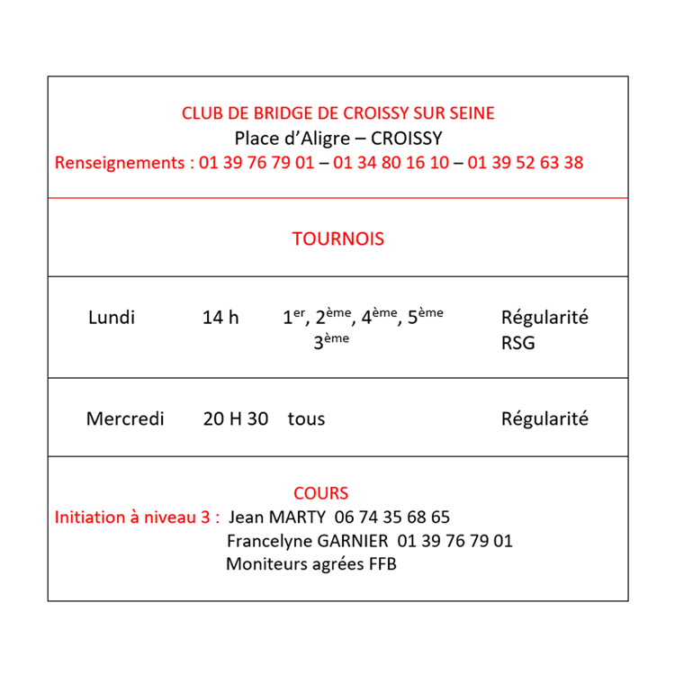 Agenda 2024 Club Bridge Croissy