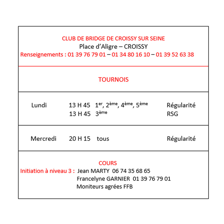 Agenda 2023 Club Bridge de Croissy
